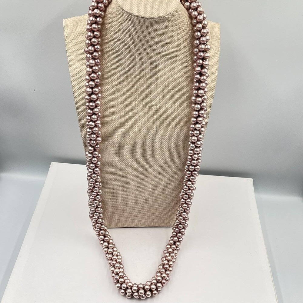 Vintage Pink Faux Pearl Woven Rope Necklace Long Multi Strand Chunky Statementโ